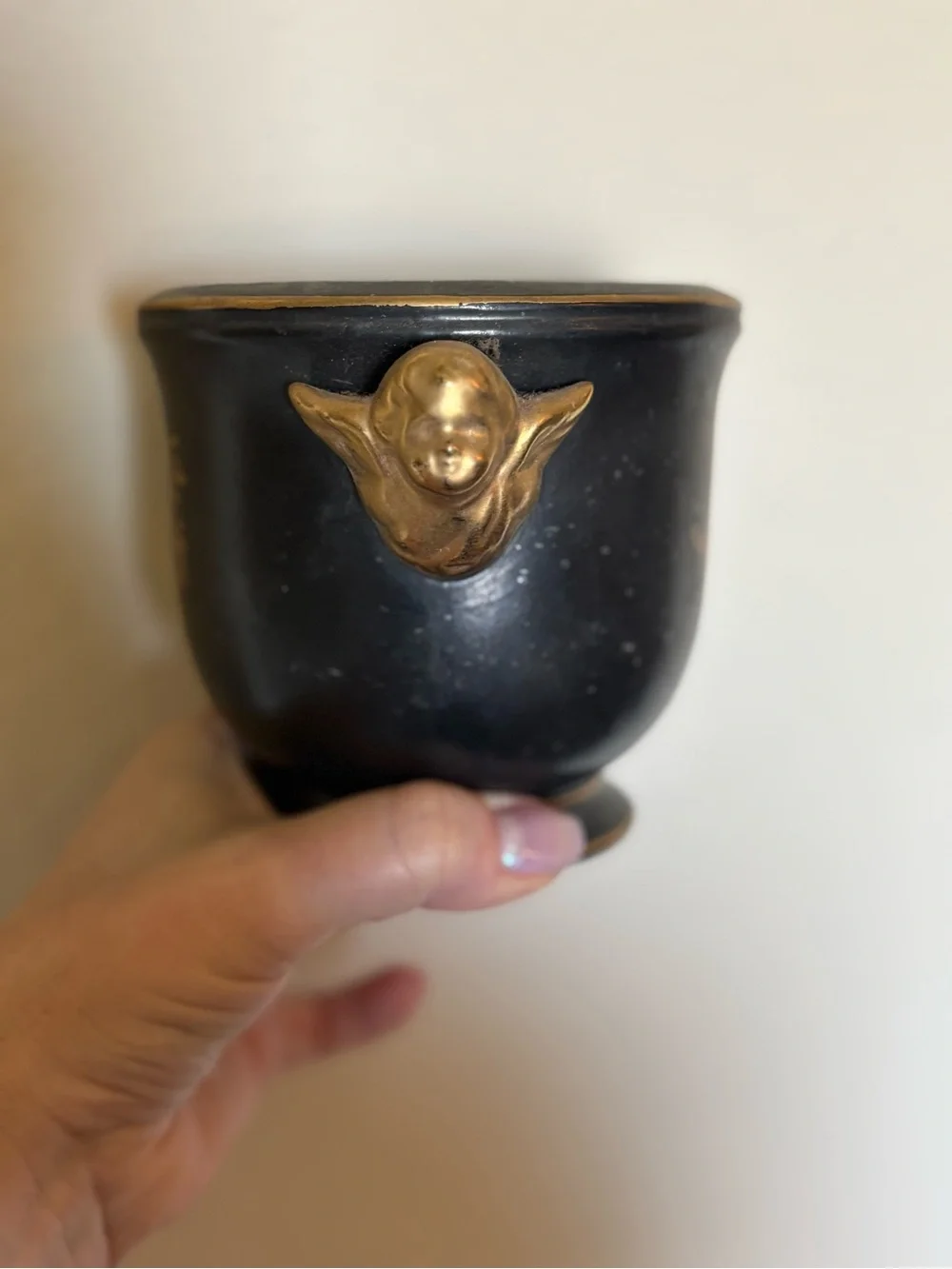 Vintage Lenwile Ardalt Black and Gold Ceramic Planter with Cherub Detailing